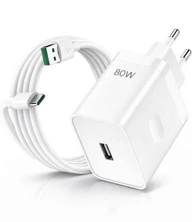 شاحن سوبر فوك SuperVOOC 80 وات + كابل USB-C – فيشة EU – شحن سريع آمن – متوافق مع OPPO